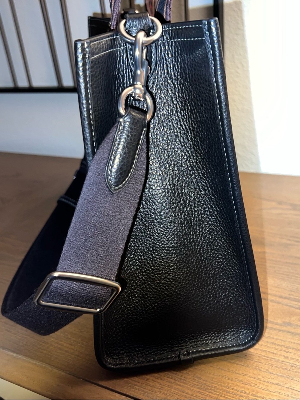 Coach Large Smith Tote Black Pebbled Leather  with Logo Webbing Strap in Red - Picture 4 of 11